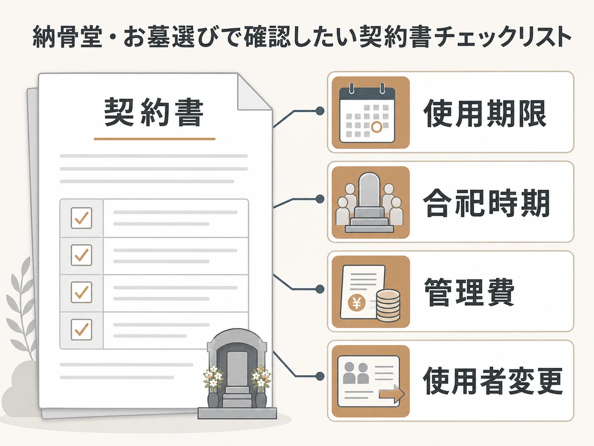 契約書で使用期限、合祀時期、管理費、使用者変更を確認するチェックリスト