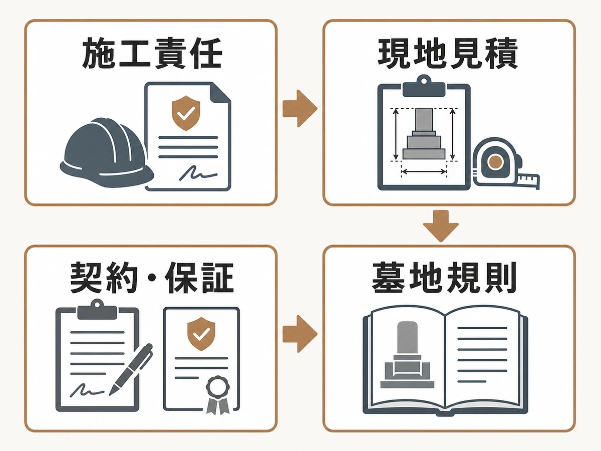 石材店を選ぶ際の施工責任・現地見積・契約と保証・墓地規則の4項目