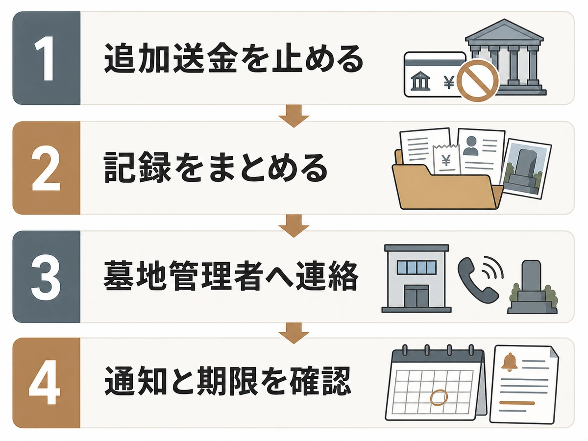 石材店の倒産後に追加送金停止、記録保全、墓地管理者への連絡、通知期限確認を行う4段階