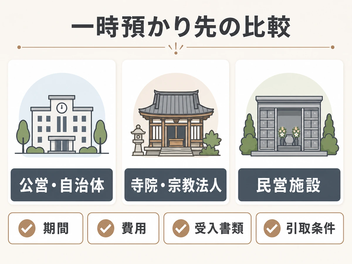 遺骨の一時預かり先を期間・費用・受入書類・引取条件で比較する図