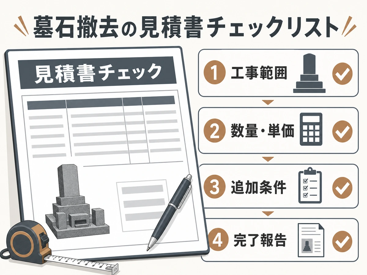 墓石撤去の見積書で工事範囲や追加条件を確認するチェック図