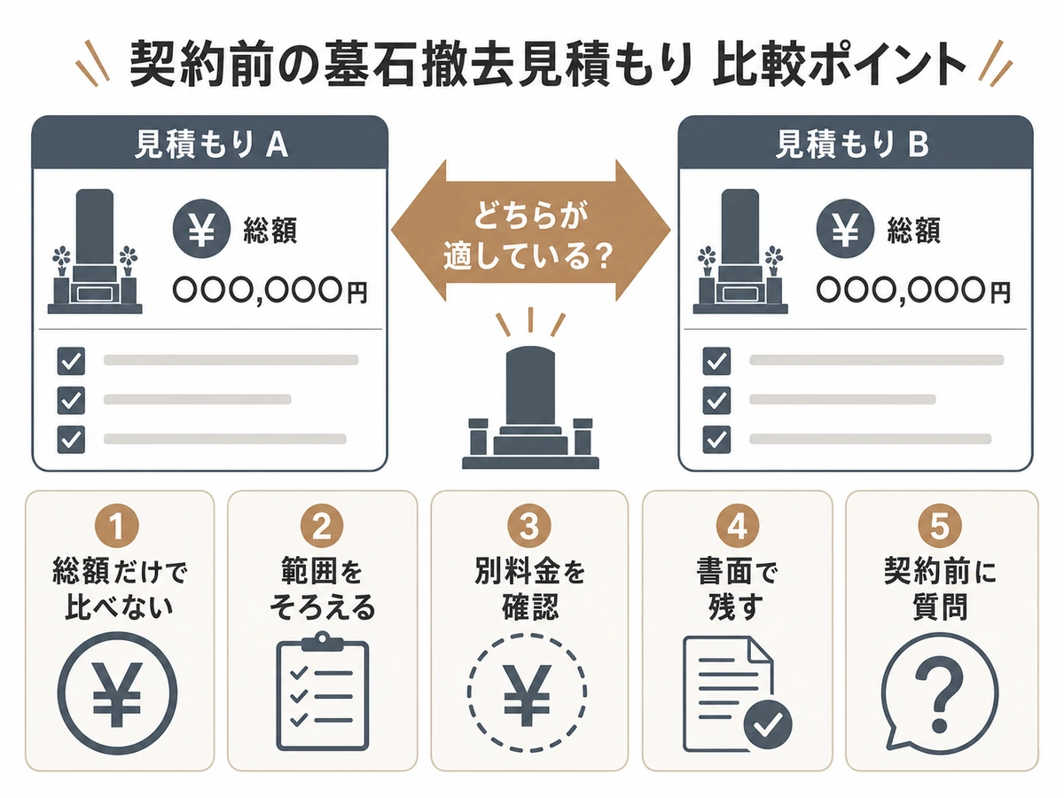 墓石撤去の見積もりを総額だけで比べないための比較ポイント図