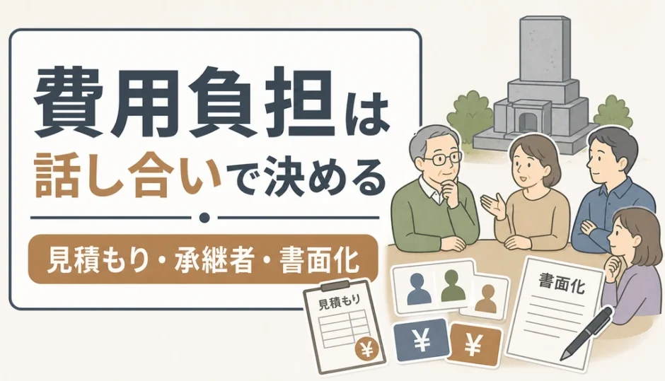 墓じまい費用の負担を見積もりと書面化で話し合う家族の図解