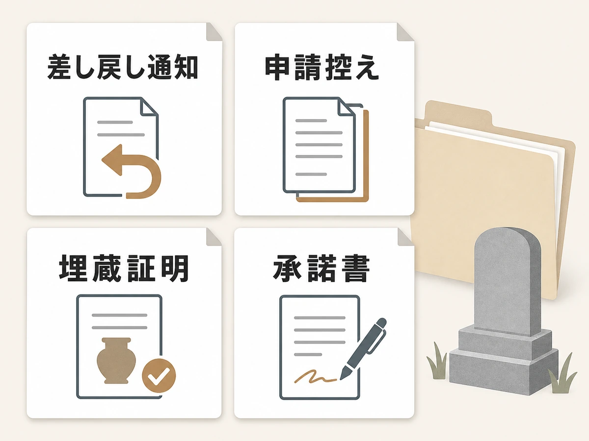 差し戻し通知・申請控え・埋蔵証明・承諾書の確認図