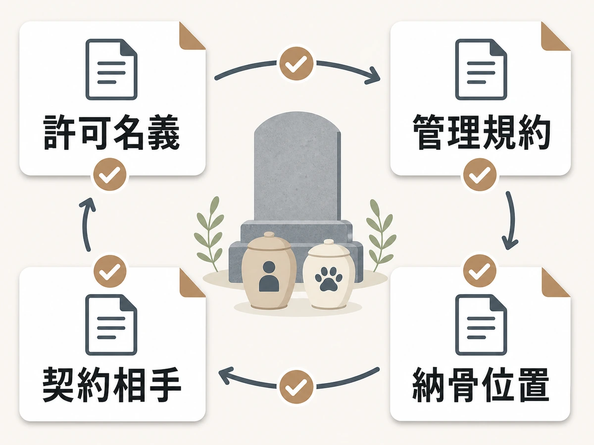 許可名義、管理規約、契約相手、納骨位置を照合するチェック図