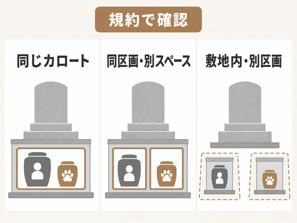 ペット共葬墓でいう同じ場所の3パターンを比べる図