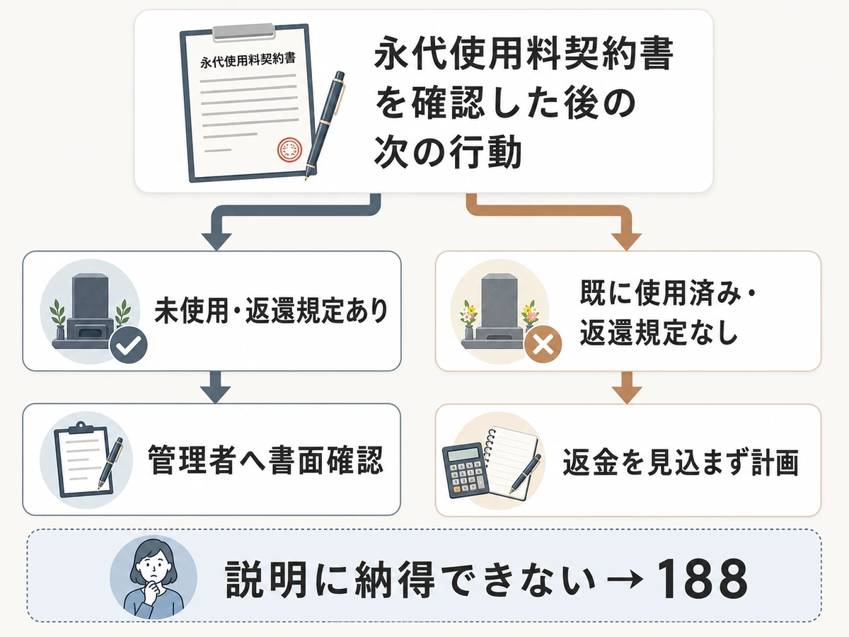 永代使用料契約の確認後に書面照会・費用計画・188相談へ進む判断図