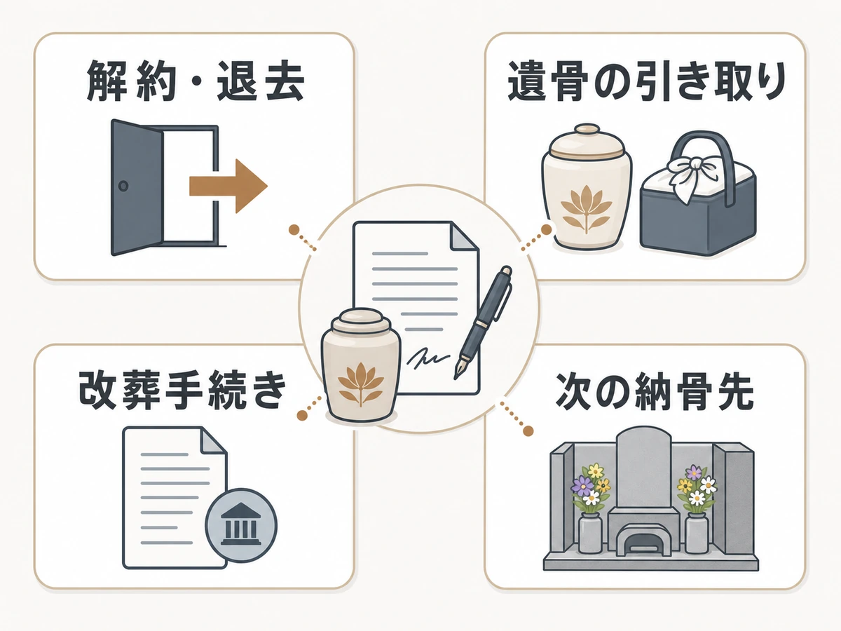 納骨堂の解約費用を解約・退去、遺骨の引き取り、改葬手続き、次の納骨先の4区分で示す図