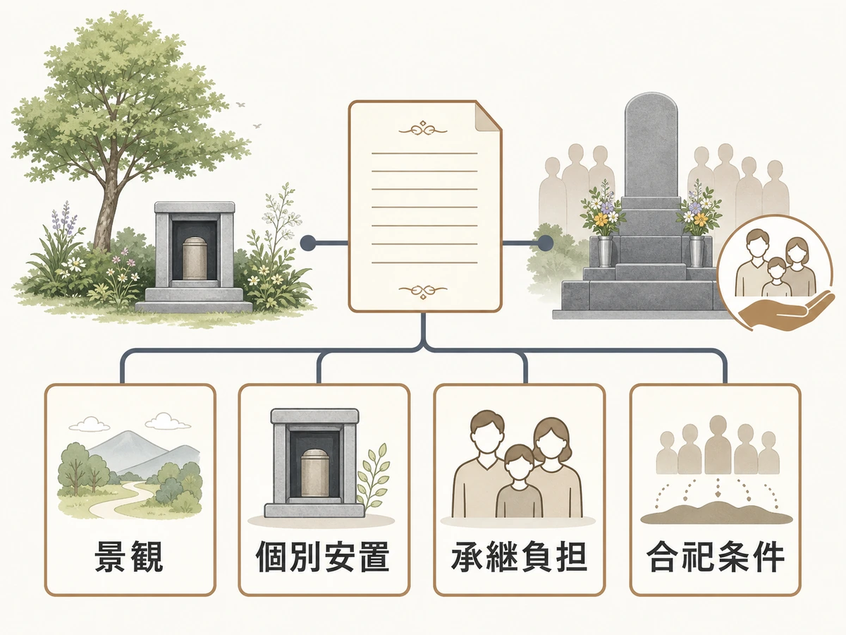 景観、個別安置、承継負担、合祀条件の優先順位で選ぶ判断図