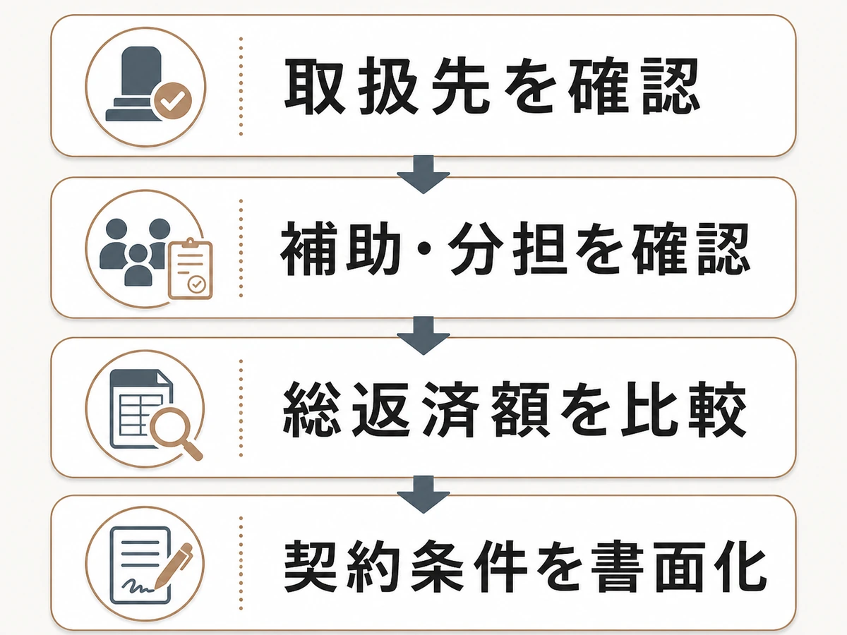 墓じまい費用の支払方法を取扱先、補助・分担、総返済額、契約条件の順に確認する図