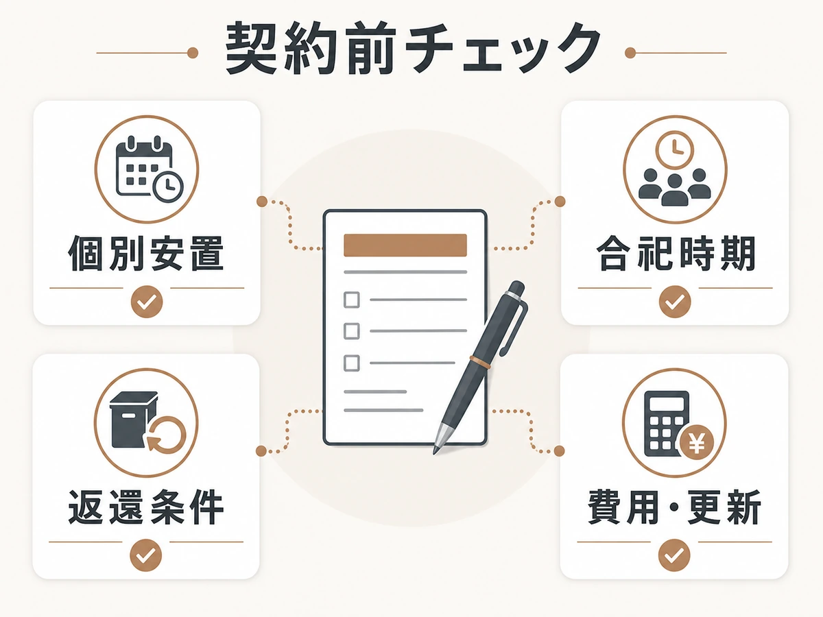供養先の個別安置、合祀時期、返還条件、費用と更新の契約前チェック