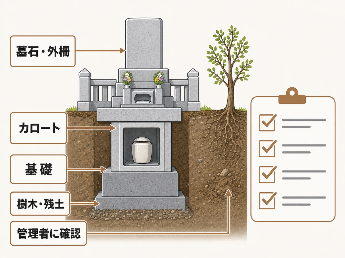 墓石・外柵・カロート・基礎・樹木・残土の撤去候補を示す墓地区画の断面図