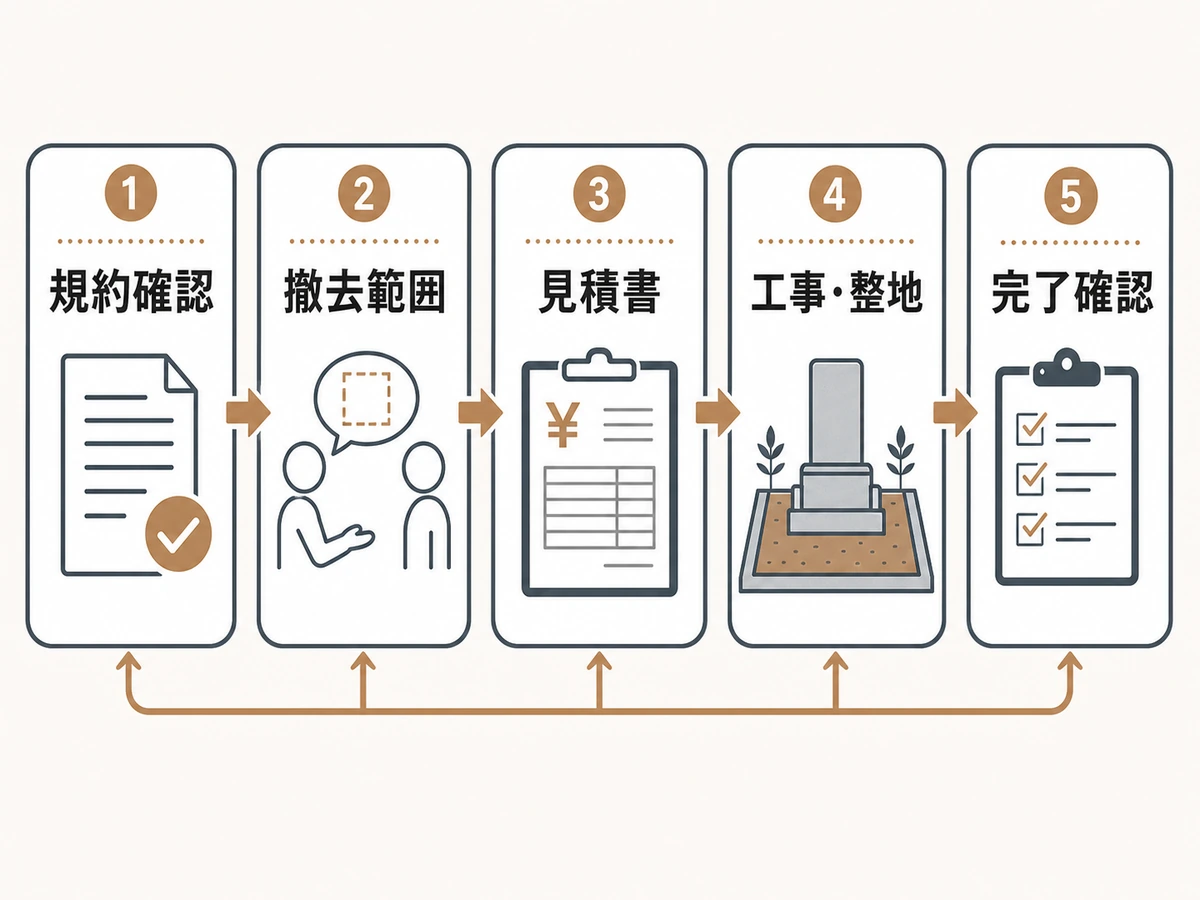 規約確認から撤去範囲・見積書・工事と整地・完了確認までの墓地返還5段階