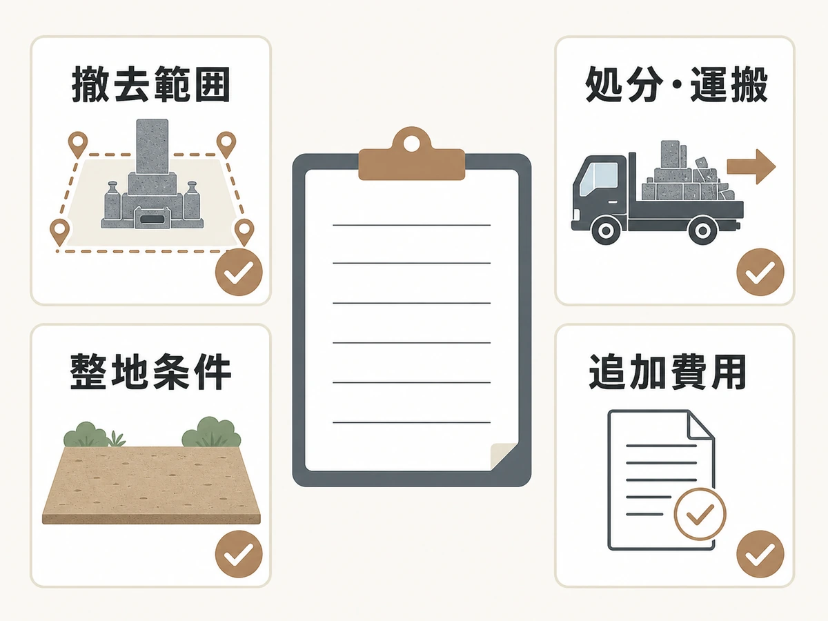 石材店の見積もりで撤去範囲・処分運搬・整地条件・追加費用を確認する図