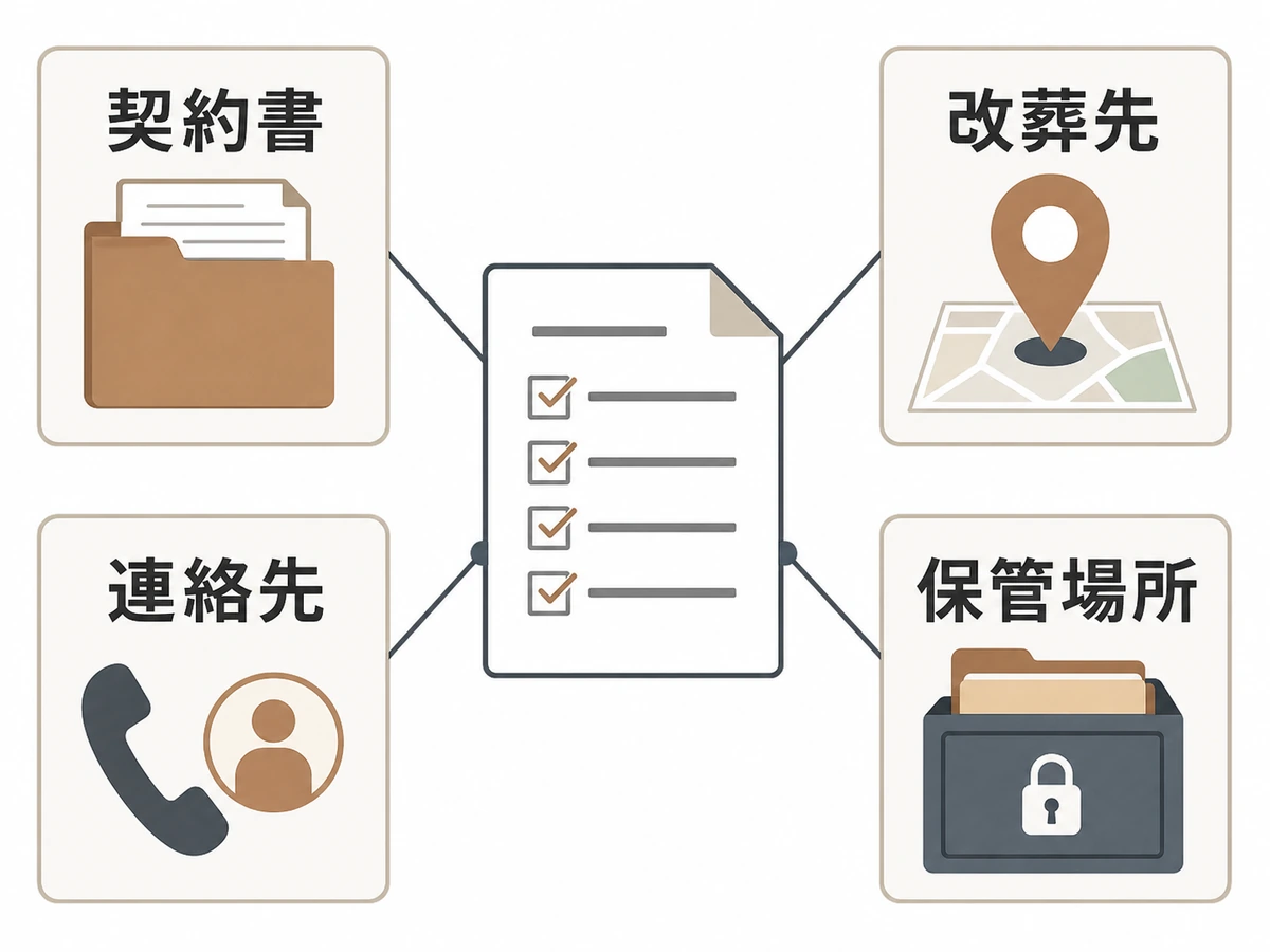 家族へ渡す1枚メモに契約書・改葬先・連絡先・保管場所をまとめる図