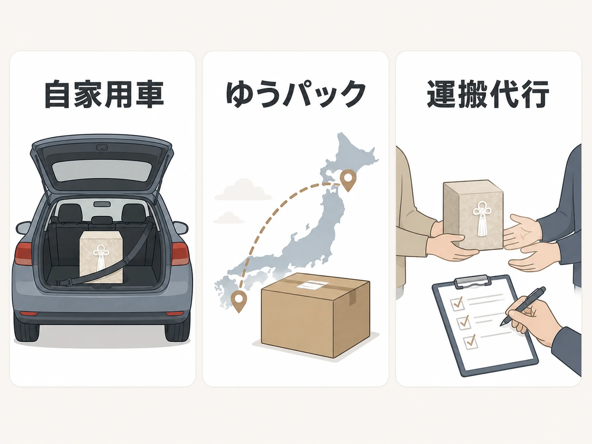 自家用車、ゆうパック、運搬代行の3つの選択肢