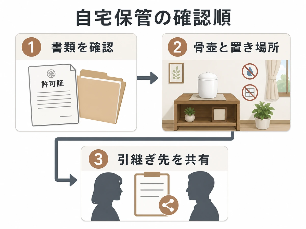 遺骨の自宅保管で書類、骨壺と置き場所、引継ぎ先を確認する順番
