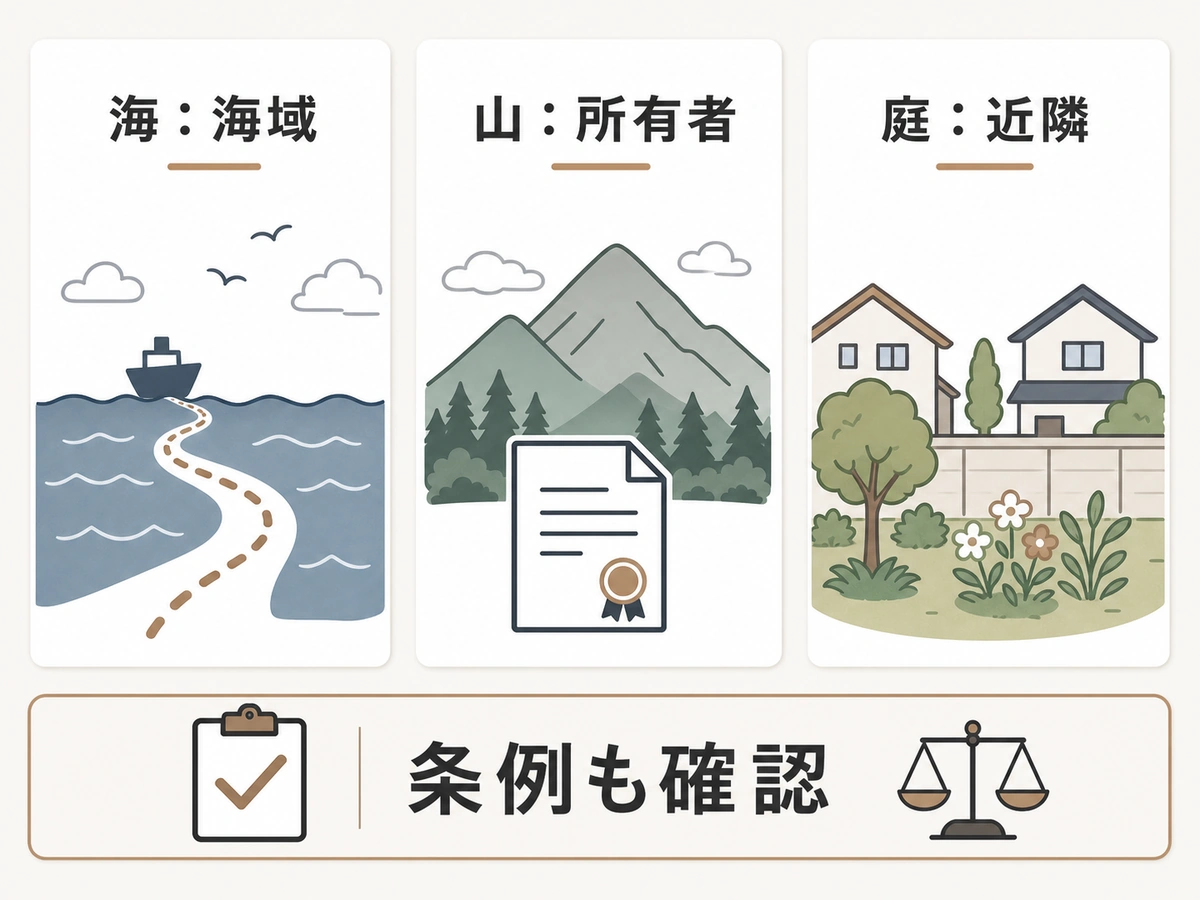 海・山・自宅庭で異なる散骨の確認先を比較する図