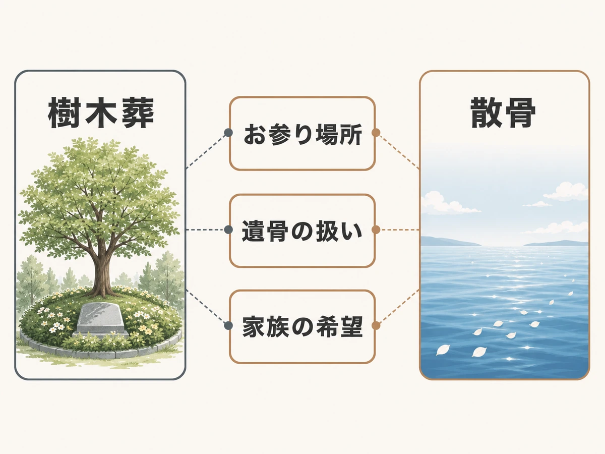 樹木葬と散骨をお参り場所・遺骨の扱い・家族の希望で比べる判断図