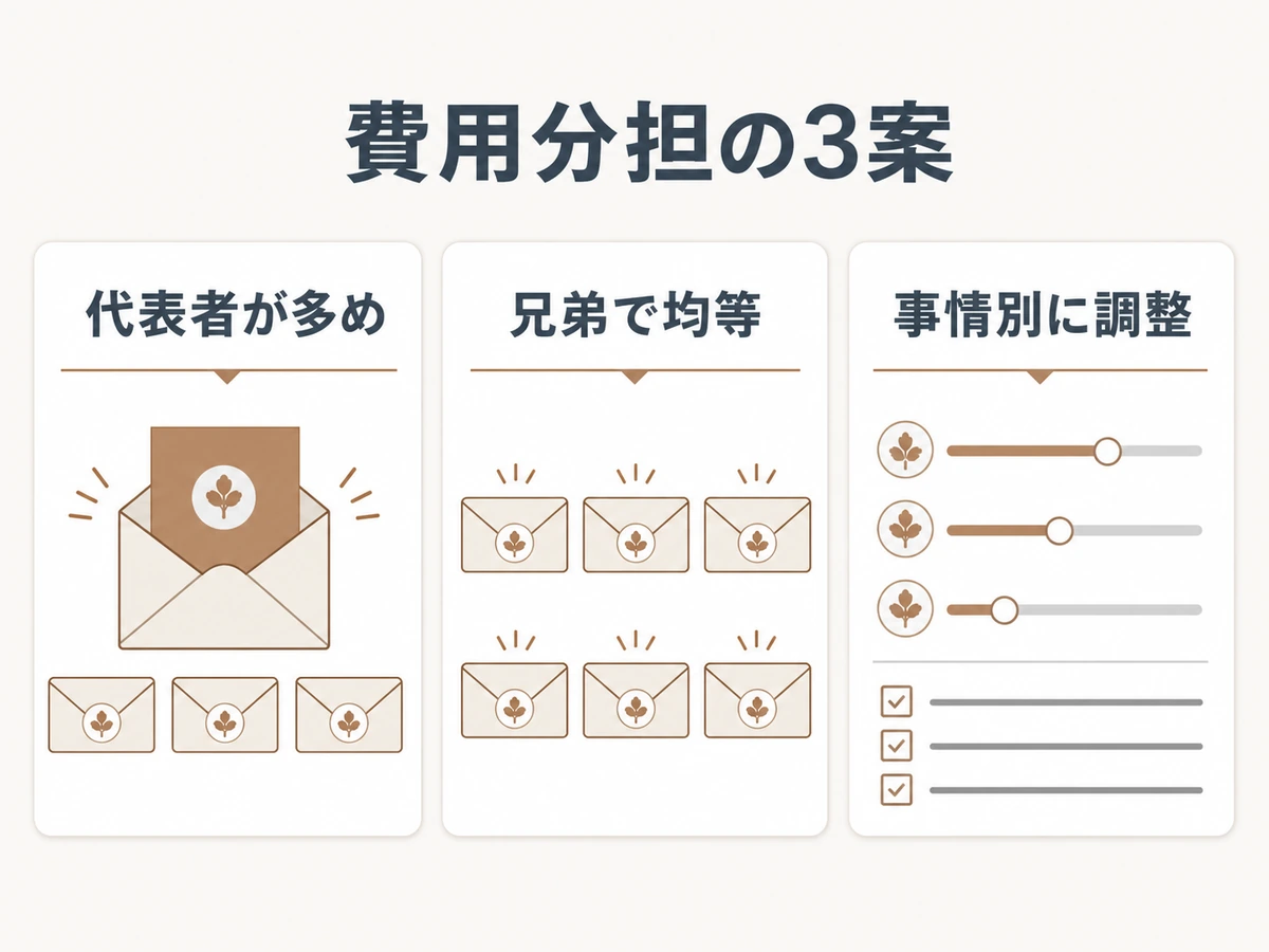 墓じまい費用を代表者多め、兄弟で均等、事情別に調整する3案の比較