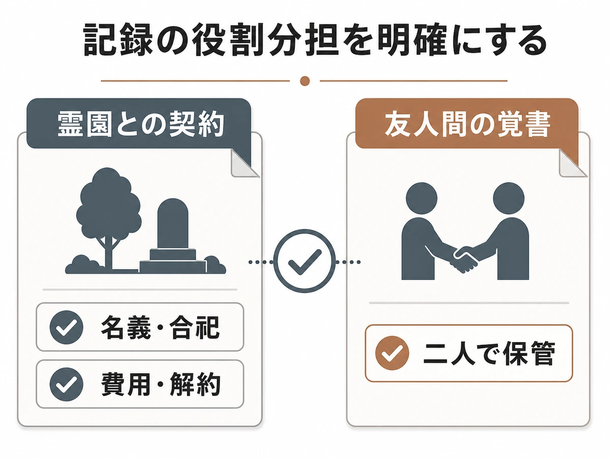 霊園との契約と友人間の覚書に分けて記録する項目