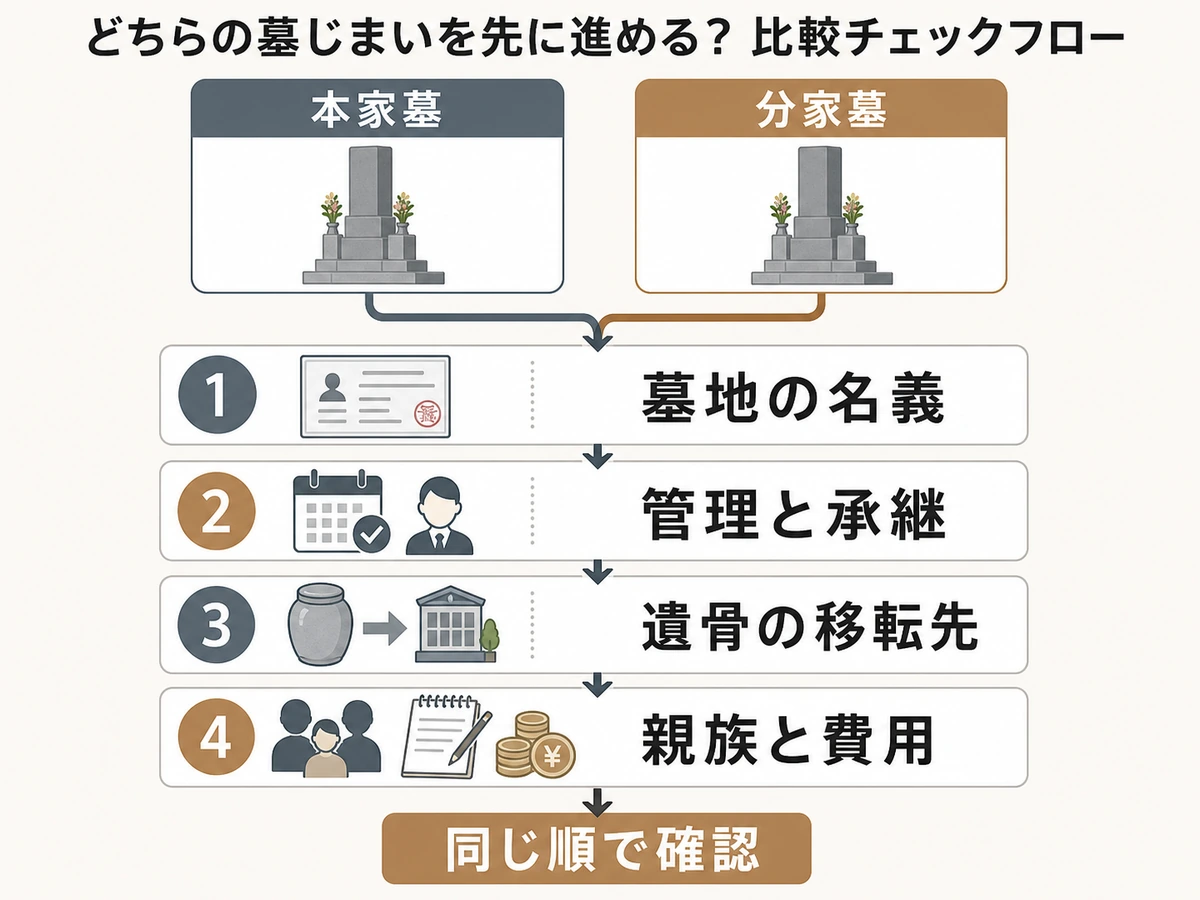 本家墓と分家墓を墓地名義、管理と承継、遺骨の移転先、親族と費用の順で確認する図