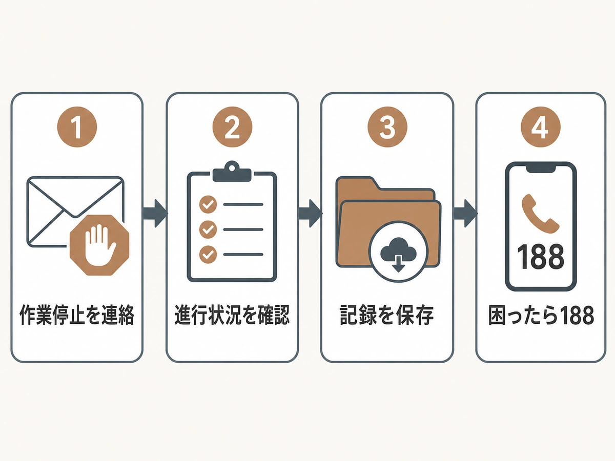 石材店へ作業停止を連絡して記録を残し必要なら188へ相談する流れ