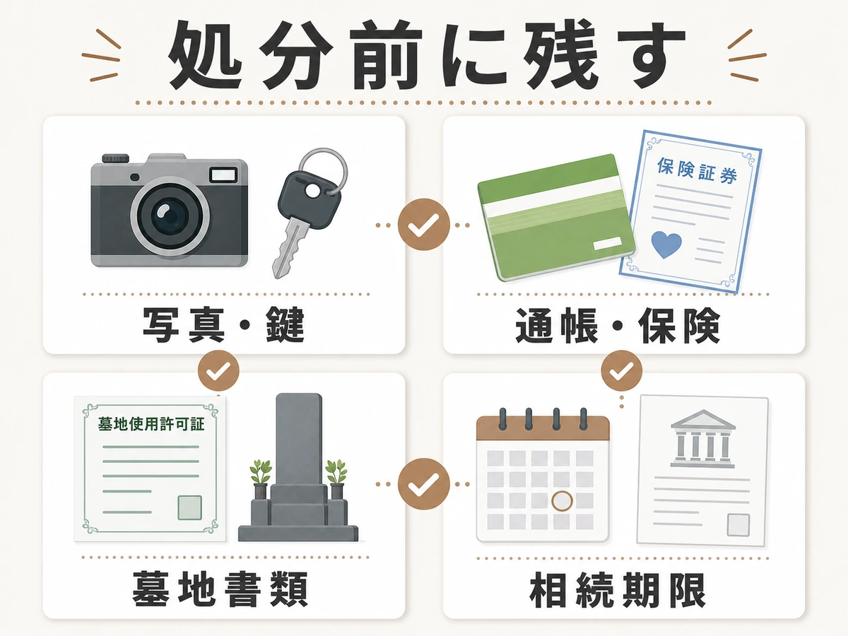 孤立死後の遺品処分前に残す写真・鍵・通帳・保険・墓地書類・相続期限の確認図