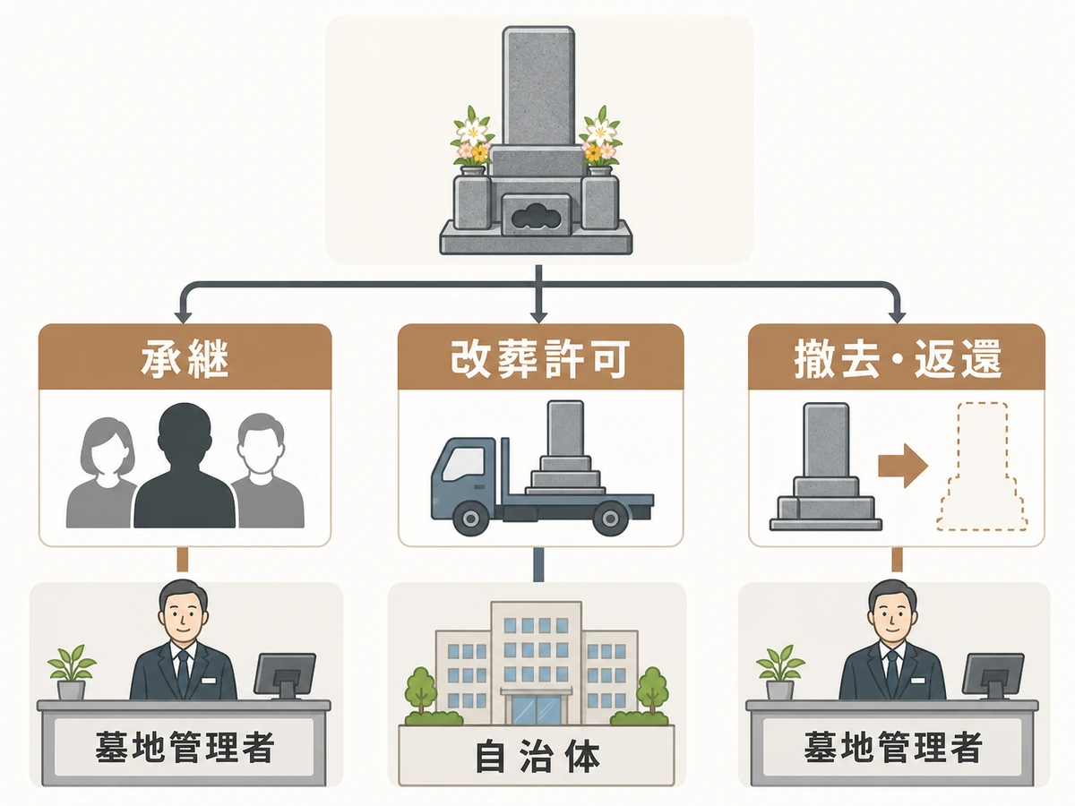 承継・改葬許可・墓石撤去と墓地管理者・自治体の確認先を分けた図
