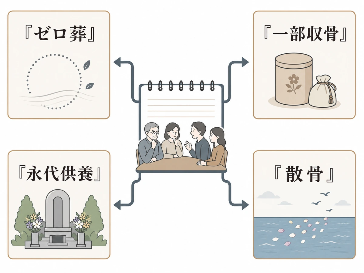 ゼロ葬・一部収骨・永代供養・散骨の4つの選択肢を示す判断チャート