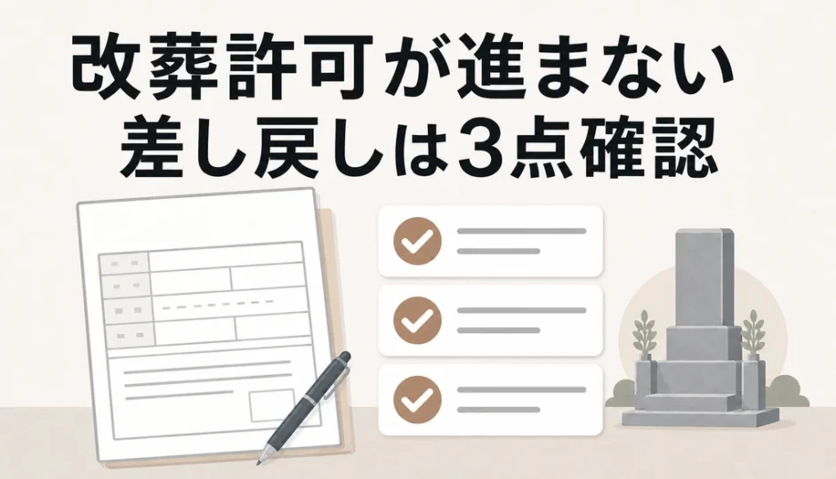 改葬許可が進まないときに確認する3点を示す図