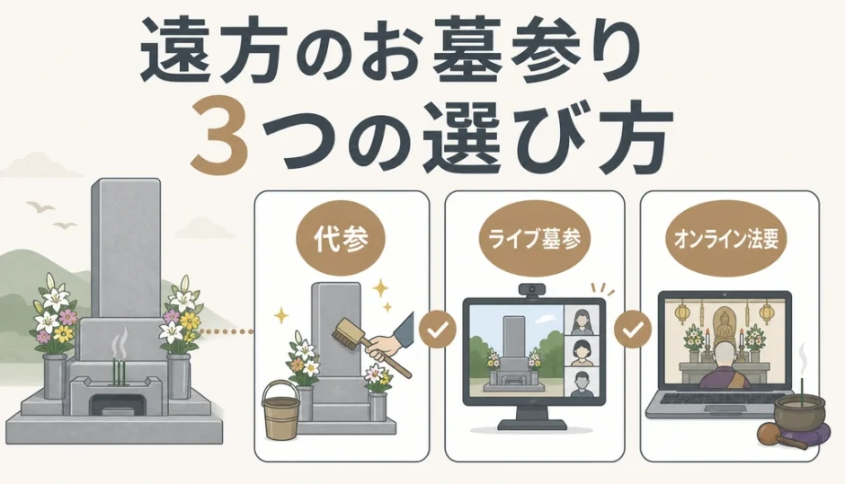遠方のお墓参りで代参・ライブ墓参・オンライン法要を選ぶ3つの選択肢