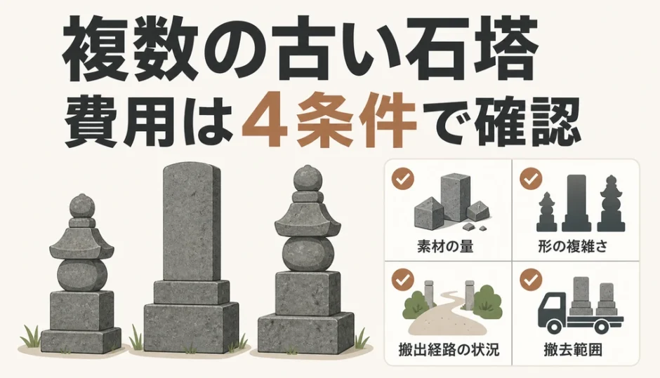 複数の古い石塔がある墓じまい費用を4条件で確認する解説図