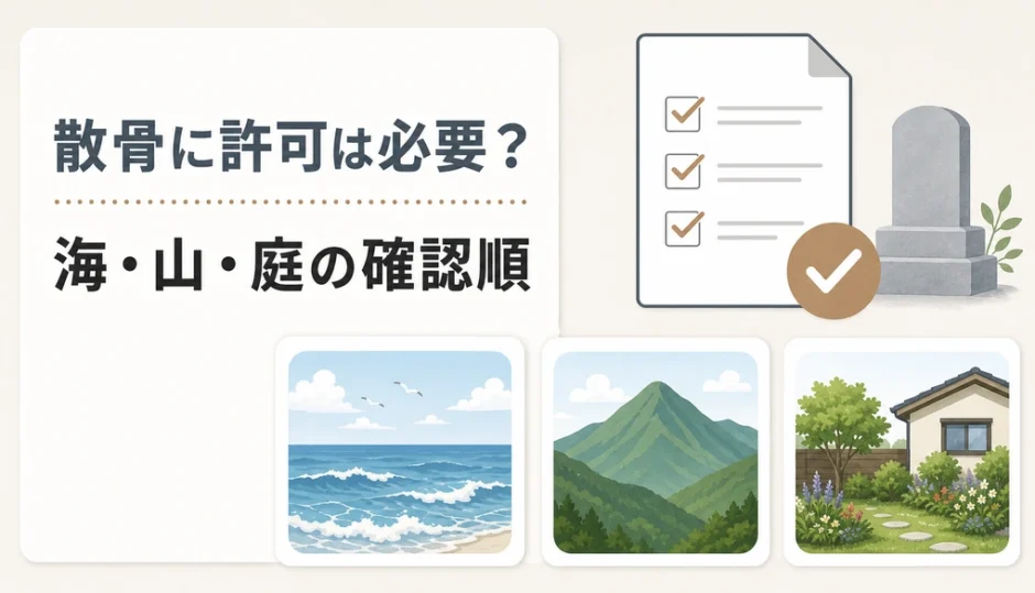 散骨の許可と海・山・自宅庭での確認順を示す図