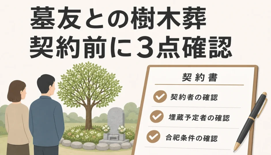 墓友との樹木葬で契約前に3点確認することを示すサムネイル