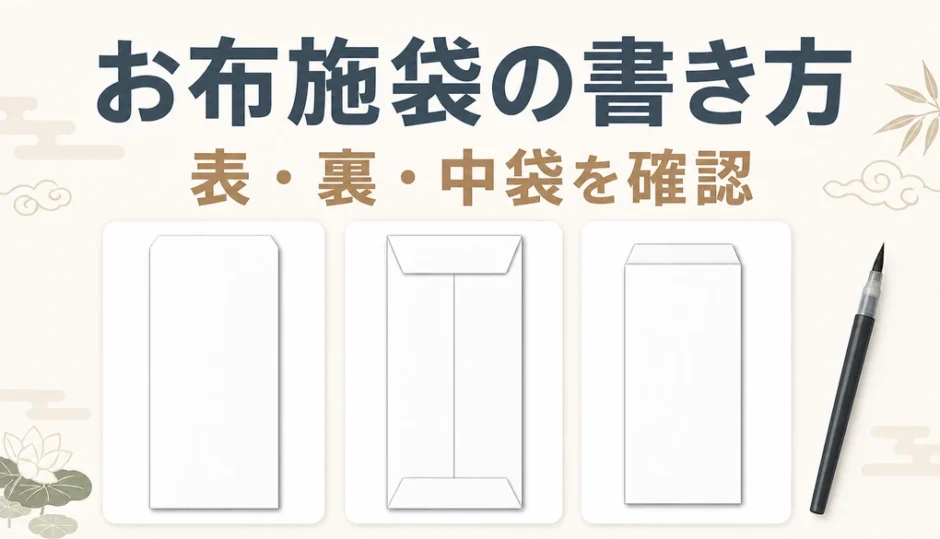 お布施袋の書き方と表・裏・中袋の確認点を示す図