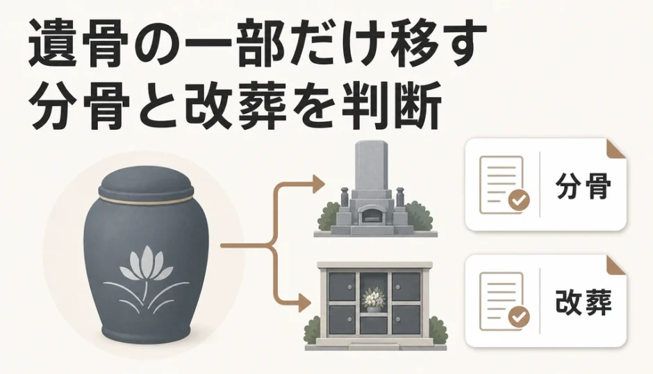 遺骨の一部を移す分骨と、全部を移す改葬の違いを示すサムネイル