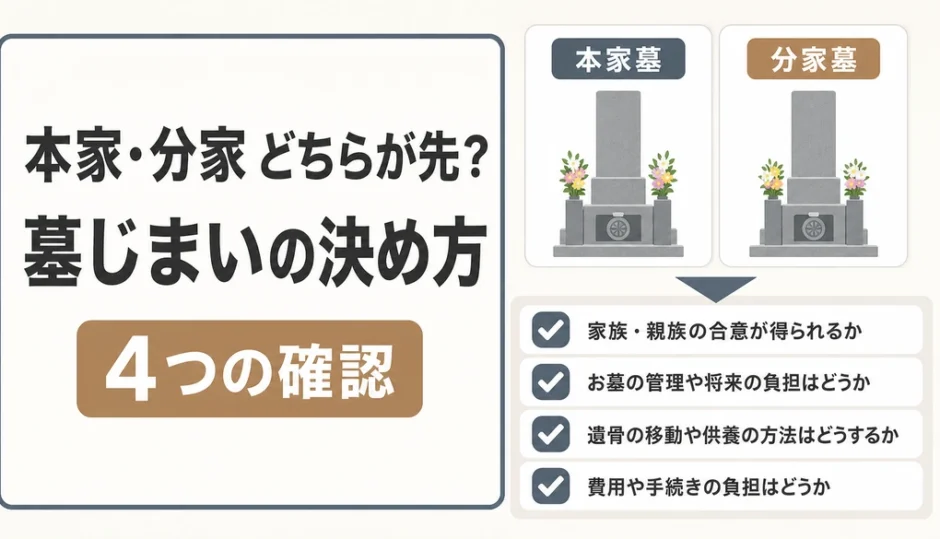 本家墓と分家墓の墓じまいの順番を4つの確認で決める図