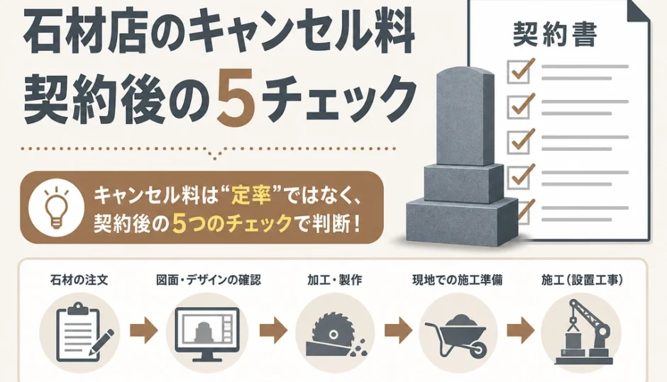 石材店のキャンセル料を契約後の5項目で確認することを示す図