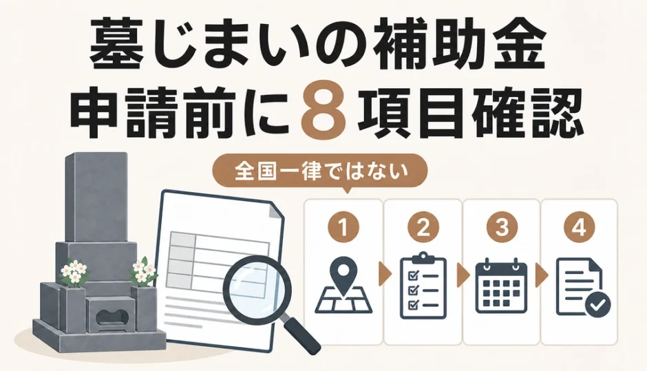 墓じまいの補助金は全国一律ではなく、申請前に8項目を確認することを示す図