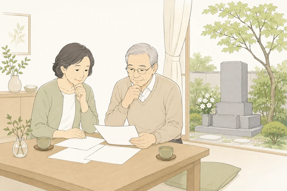家族で書類を確認し、お墓とこれからの供養について考えるイラスト