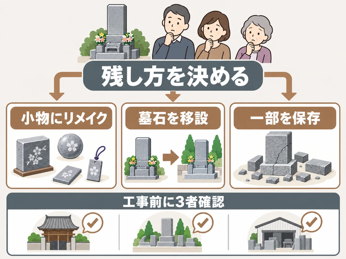 墓石を残す方法と工事前の三者確認を示す図